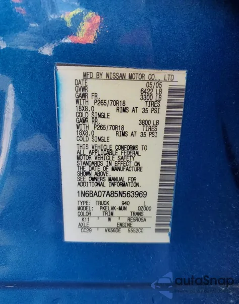 2005 Nissan Titan Xe из США, поврежденный, VIN 1N6BA07A85N563969